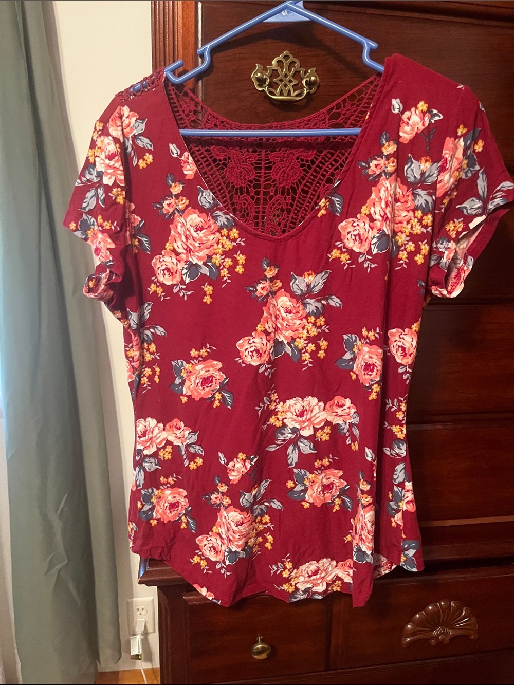 No Boundaries Burgundy Floral Short Sleeve Tee with Lace Back